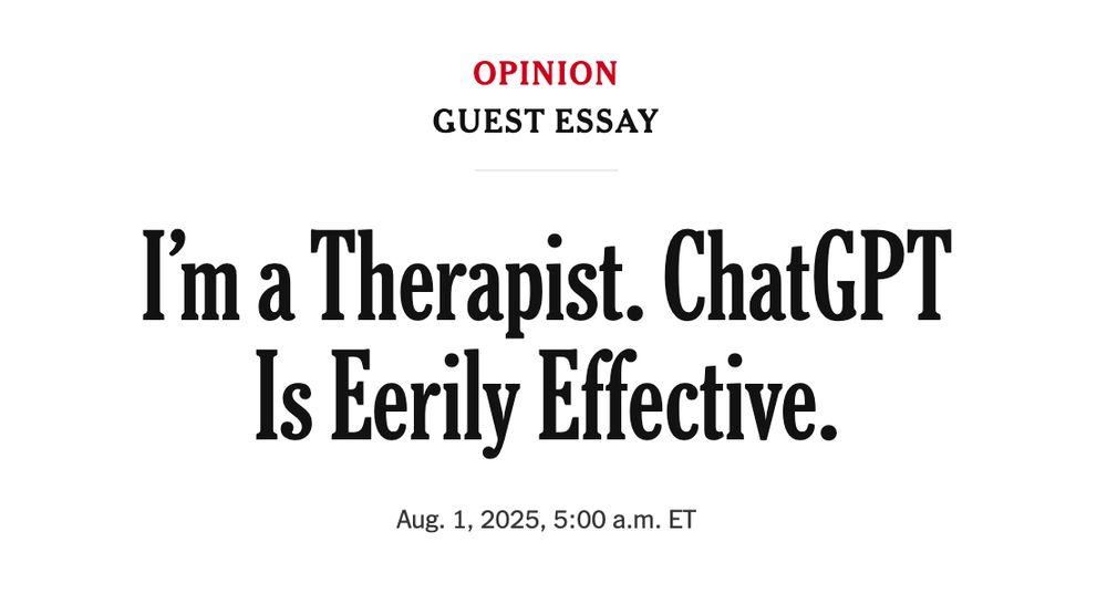 Screenshot of an op-ed headline that reads “I’m a Therapist. ChatGPT is eerily effective.”