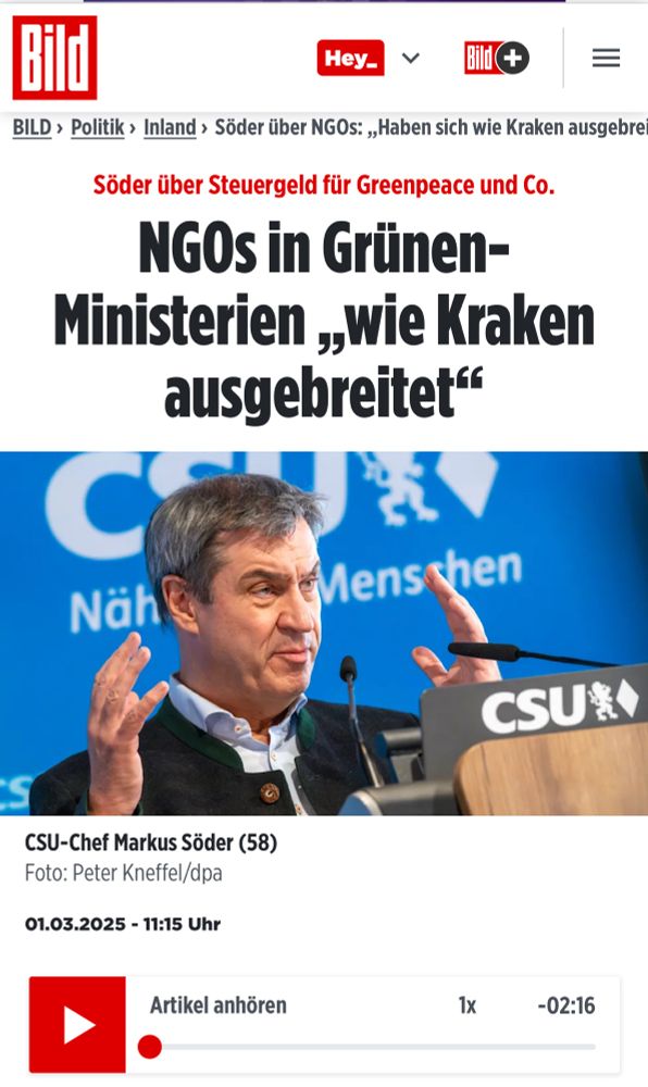 Screenshot eines Bild Artikels mit der Überschrift: NGOs in Grünen-Ministerien “wie Kraken ausgebreitet”