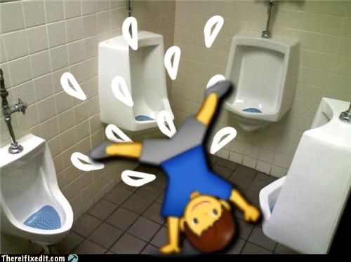 a coven of urinals with an emoji dude in the center doing a hand stand twirl dance move with splashes of urine anointing the room