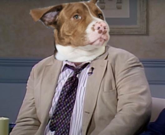 a dog head on cheis Farley's body. he looks rather dubious about this choice of words