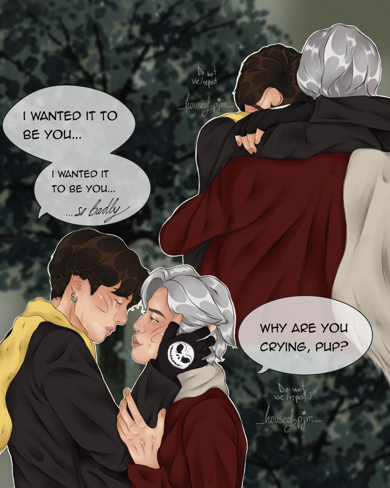 Jikook illustration from a fic, in one drawing there's jk holding Jimin's face and crying while jimin smiles adorably. Jiminhas grey hair,a red jacket and a cream scarf. Jk has brown hair,a black jacket and a yellow scarf and Jack Skeleton fingerless gloves. On the other illustration they are hugging.  The background are green trees.