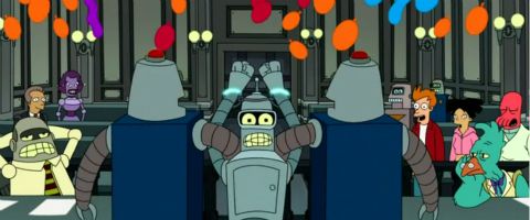 Bender triumphantly being dragged out of court after successfully being found guilty of a crime by proving that he committed it of his own free will