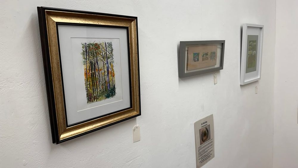 Artwork displayed on a white gallery wall, including a vibrant, framed piece on the left and two smaller framed pieces on the right. Descriptive plaques are placed beneath each artwork.