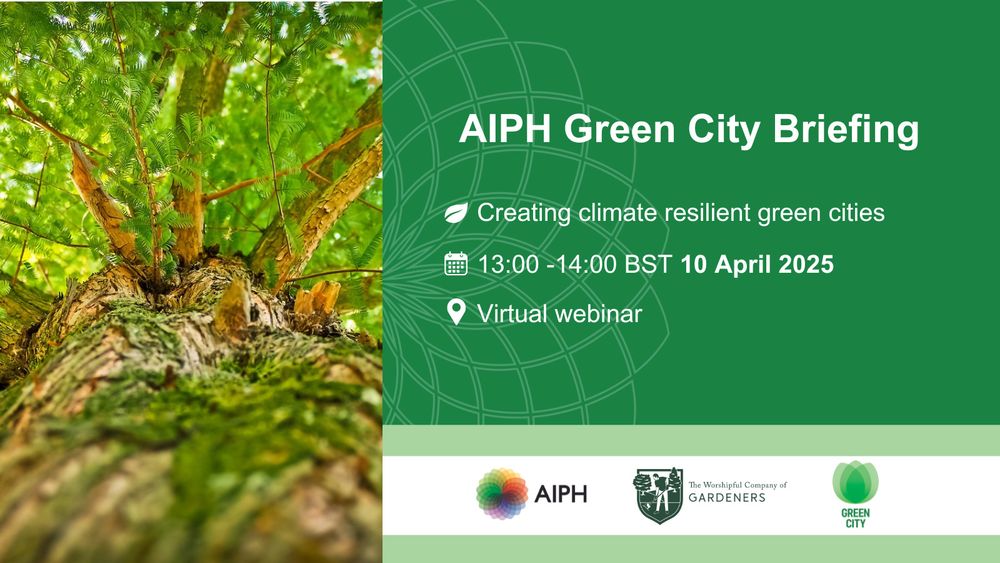 The photo of a tree is next to a green square. The green square contains details about the event for example the name 'Creating climate resilient green cities' and the date '10 April 2025'