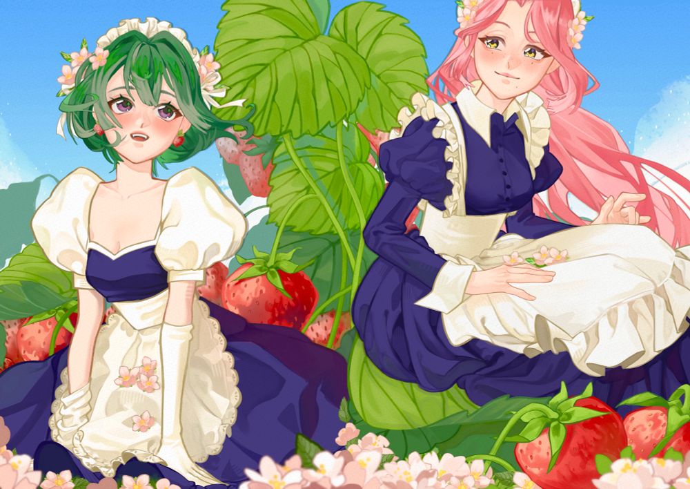 Sua and Mizi from alien stage. they’re waring their maid cafe AU outfits while sitting in a strawberry field, surrounded by strawberries, leaves, and flowers, looking lovingly at each other. End id.
