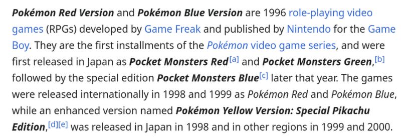 An excerpt from the Wikipedia article for Pokemon Red and Blue, showing the release year of 1996, roughly a decade after the first Megami Tensei games.