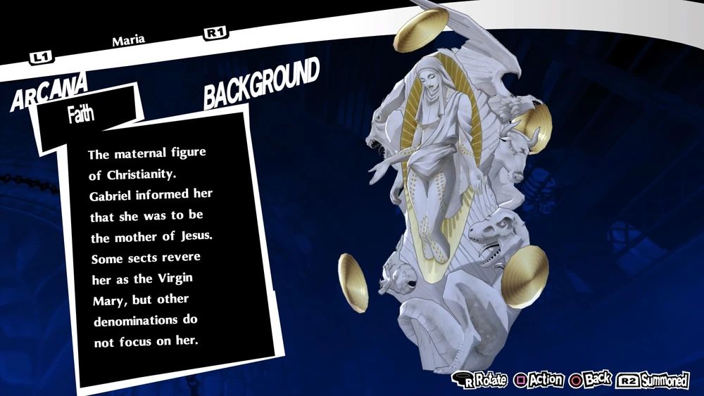 Image from Persona 5 of the compendium entry for the Persona 'Maria'.