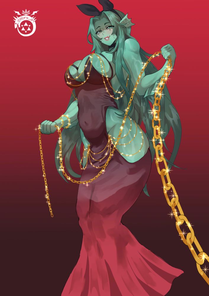 A swxy teal fish woman with a black hair bow looking down while holding a golden chain that extends out of frame. She is wearing an ombre black and red dress with thigh cutouts and gold chains. 