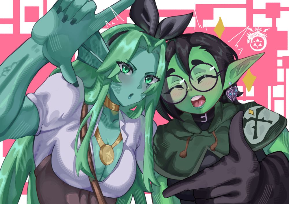 A teal fish woman with a black bow and a green goblin woman with black hair posing for a selfie.