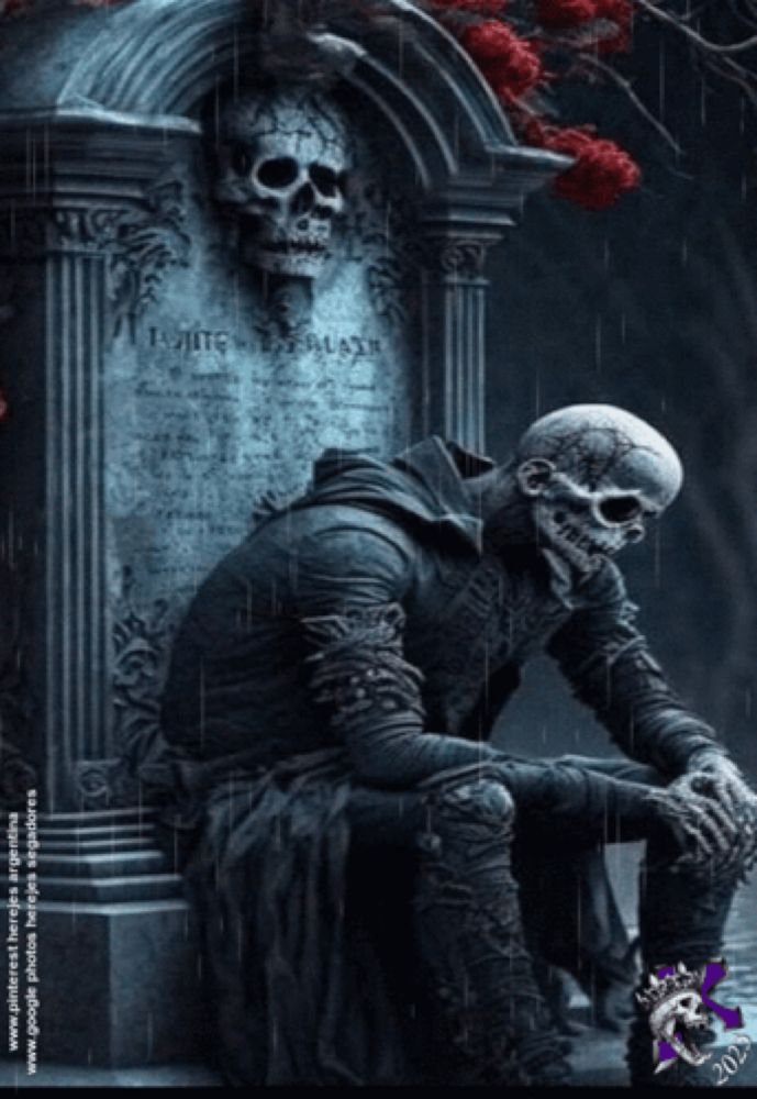 a skeleton is sitting in front of a gravestone that says ' i 'm sorry '