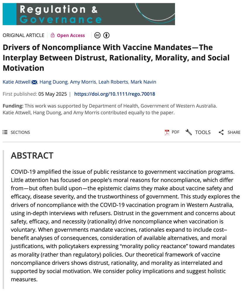ABSTRACT
COVID-19 amplified the issue of public resistance to government vaccination programs. Little attention has focused on people's moral reasons for noncompliance, which differ from—but often build upon—the epistemic claims they make about vaccine safety and efficacy, disease severity, and the trustworthiness of government. This study explores the drivers of noncompliance with the COVID-19 vaccination program in Western Australia, using in-depth interviews with refusers. Distrust in the government and concerns about safety, efficacy, and necessity (rationality) drive noncompliance when vaccination is voluntary. When governments mandate vaccines, rationales expand to include cost–benefit analyses of consequences, consideration of available alternatives, and moral justifications, with policytakers expressing “morality policy reactance” toward mandates as morality (rather than regulatory) policies. Our theoretical framework of vaccine noncompliance drivers shows distrust, rationality, and morality as interrelated and supported by social motivation. We consider policy implications and suggest holistic measures.