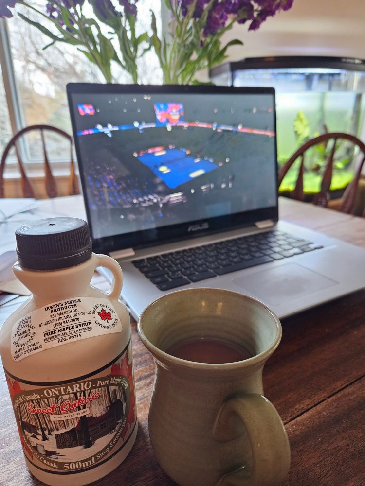 Mug of coffee and a jug of maple syrup sitting on a table in front of a laptop showing the Davis Cup tie between Canada and Germany.