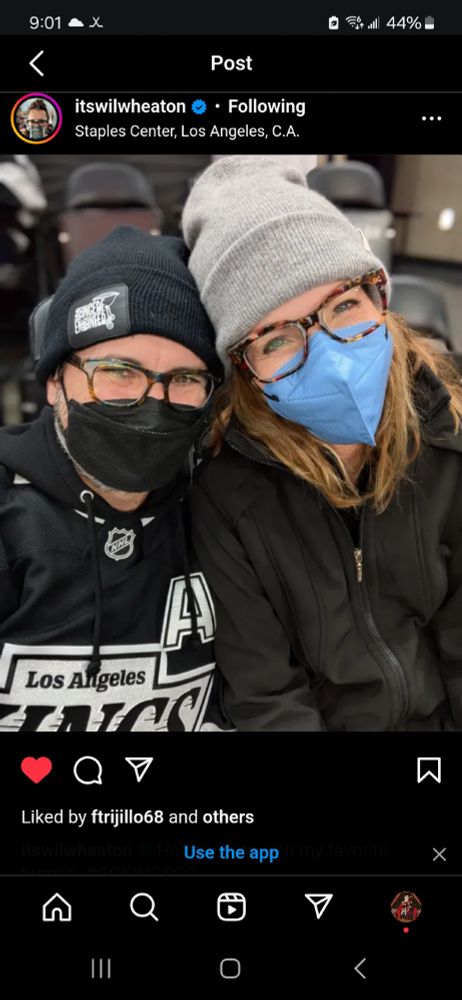 Pic from Wil Wheaton's Instagram of him and a woman masked at the LA Kings game.