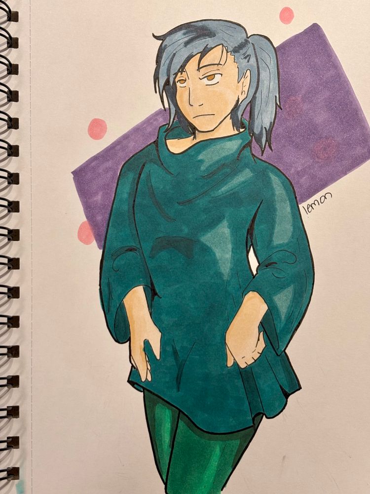 Color art of Felix in pen and ink and marker. He is standing neutrally and very slightly smiling, and wearing a teal poncho and green leggings.