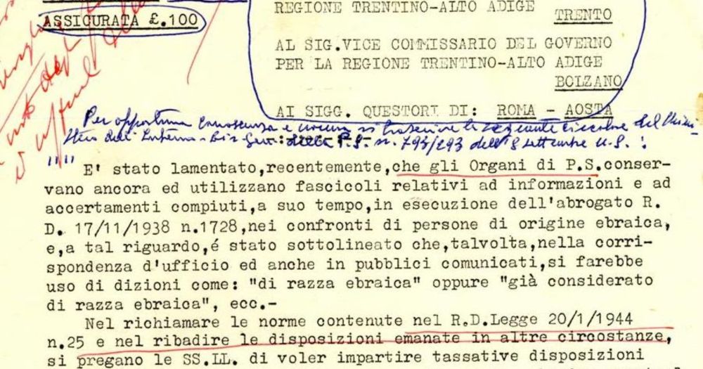 TERRITORIO LIBERO DI TRIESTE E LEGGI RAZZIALI: UN DOCUMENTO RISERVATO DEL 1960