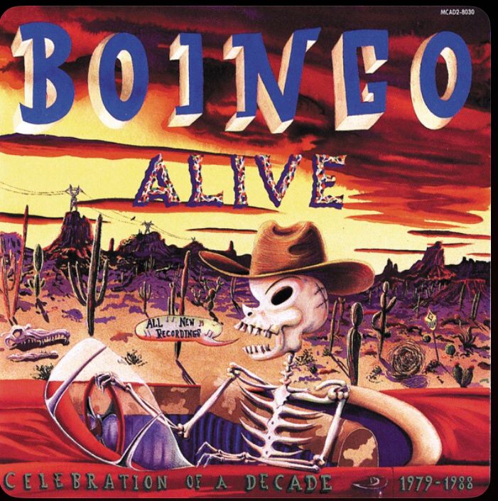 Oingo Boingo’s Boingo Alive cover, which depicts a skeleton wearing a cowboy hat driving a convertible.  