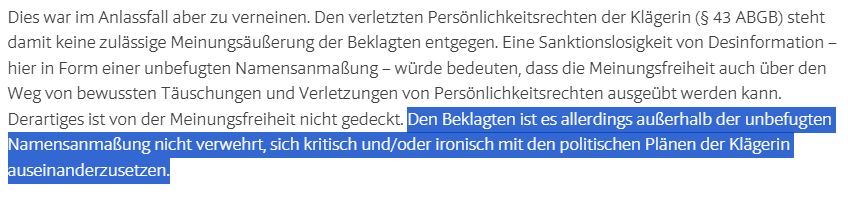 Screenshot des Satzes: "Den Beklagten ist es allerdings außerhalb der unbefugten Namensanmaßung nicht verwehrt, sich kritisch und/oder ironisch mit den politischen Plänen der Klägerin auseinanderzusetzen."