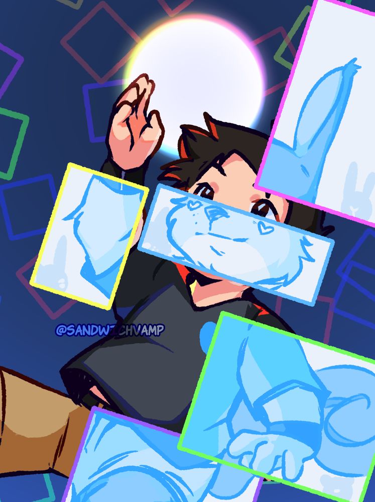 an illustration of jerod floating in a blue space. different color rectangles overlay different parts of him, showing him as a different animal in each (top to bottom, left to right: rabbit, furret, wolf, squirrel, unknown)