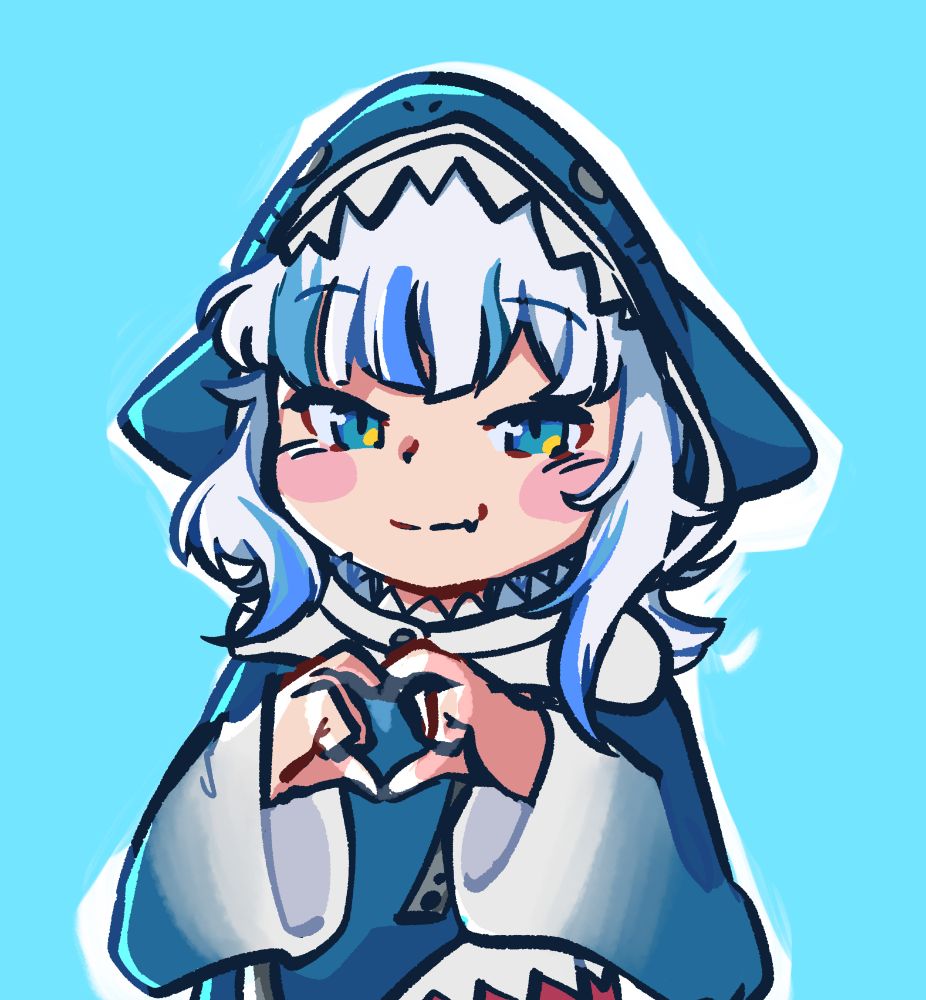 an illustration of gawr gura. she is making a heart shape with her hands.