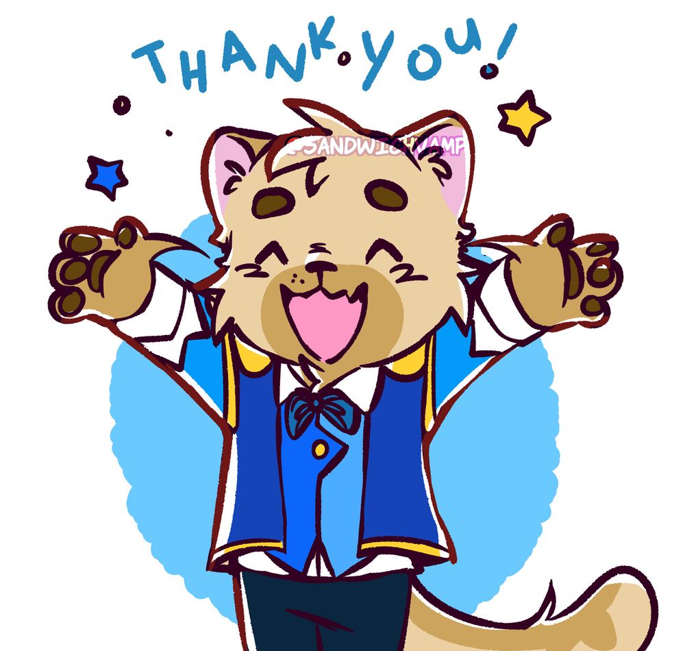 an illustration of arro, with a happy expression. his arms are spread out, as if signing, "Thank you". 