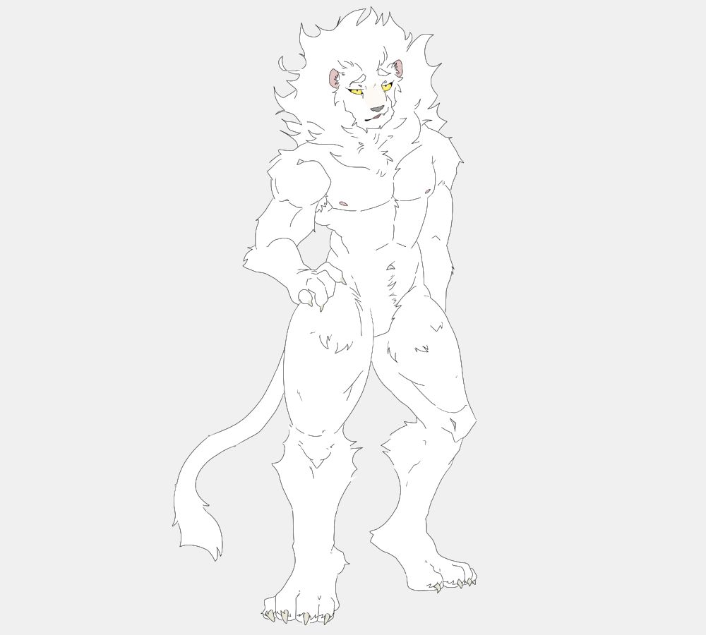 A white anthropomorphic lion seems to be standing in a very relaxed manner, looking towards someone with a small smirk and a doubtful expression. His right hand is placed over the hip while the weight of his body is slightly sustented on his right leg. His torso is slightly tilted to the side as his tail appears to move in a way that indicates interest.