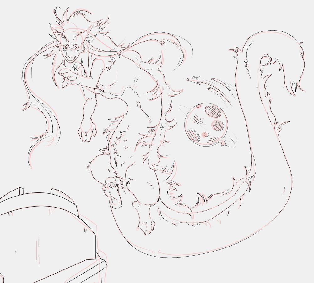 A work-in-progress piece of a creature resembling an eastern dragon, it floats in the air as his tail is raised, centering the moon between him and his tail. There is three shooting stars arching over the moon as one floating star seems to spin around it. On the bottom left, there is a tower of sorts, with a ramp platform that allows for a person to reach the top from the outside. The creature itself has two sets of pointy ears, with long and flowy lenghts of fur coming out of the top pair. It holds a sharp expression as it focus its attention directly at the viewer.
