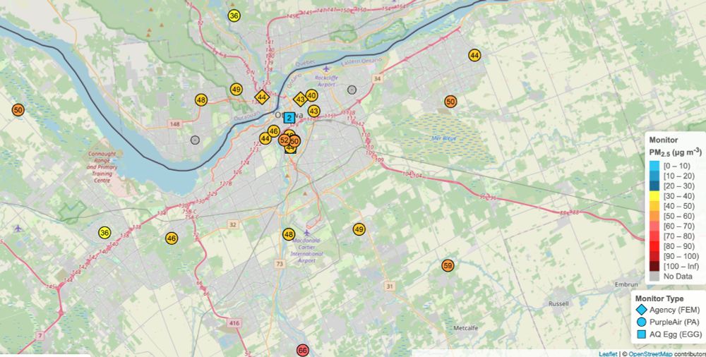 Map of air quality observations in the Ottawa region
