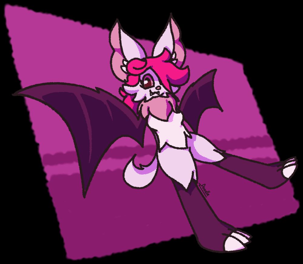 A drawing of a fluffy pink and white bat.