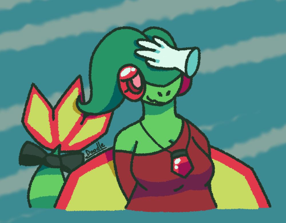 Drawing of an anthro Flygon girl getting pat on the head by a disembodied hand