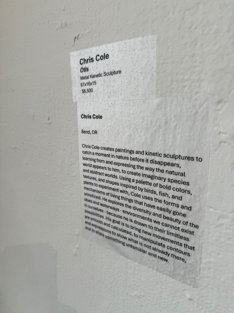 Wall card describing the owl sculpture - it is named Otis and the sculptor is Chris Cole from Bend, OR