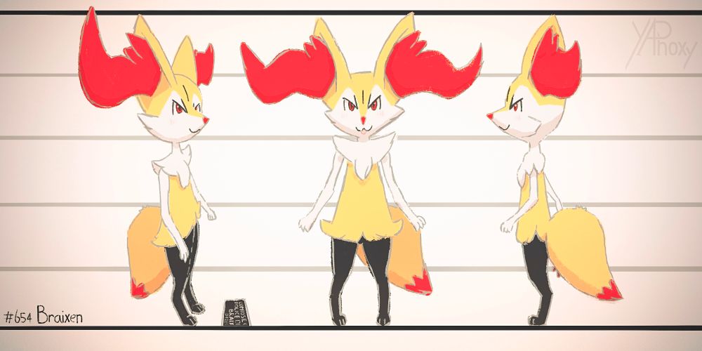 A full-body shot of Braixen from three straight angles. The left in perspective, ignoring the instructions to pick up the placard (do I spy a rude gesture?)... The center, from the front, sticking out their tongue... and the right, from the side... concealing a WEAPON?! (a branch?)

The text in the bottom left reads: "#654 Braixen"
The text on the placard reads: "Lumiose C-", "Police D-", "Braix-", and "04269-"