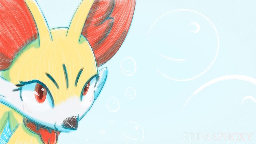 A high angle shot of Ember (@ChipThe_Fox - Twitter), a fun-loving Fennekin with good taste in conduct. The background is of bubbles floating and rising.