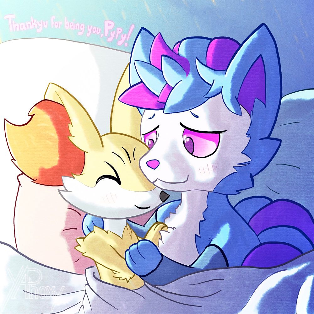 A Fennekin and Vulpix in a gentle embrace under the sheets, as the morning sun caresses this cozy scene.

The text reads: "Thankyu for being you, Pypy!"

Vulpix OC by @killyathepix.bsky.social
Fennekin OC by me (my first time as Fenn)