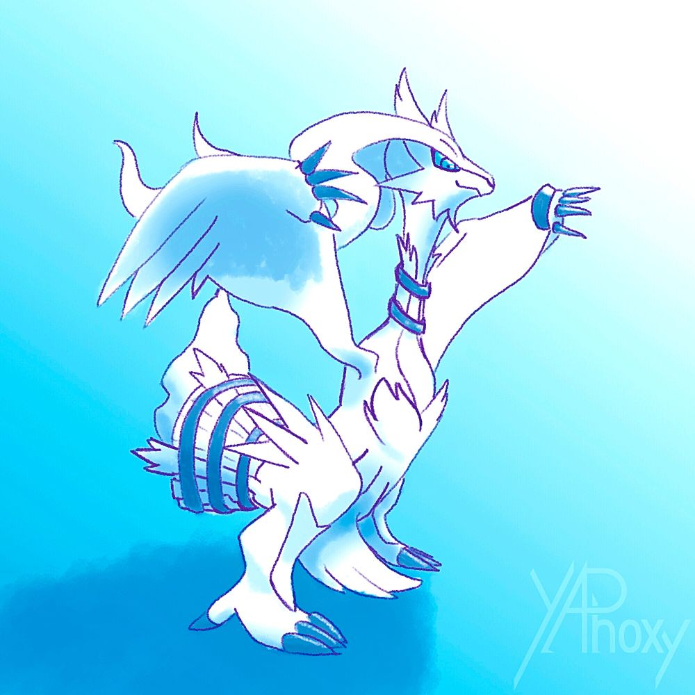 Reshiram, more or less in the standard pose with a simple background