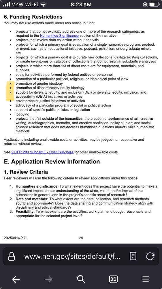 Screenshot of grant guidelines with highlighted funding restrictions that include promotion of gender ideology, promotion of discriminatory equity ideology, promotion of dei or deia activities or initiatives, and environmental justice initiatives or activities.