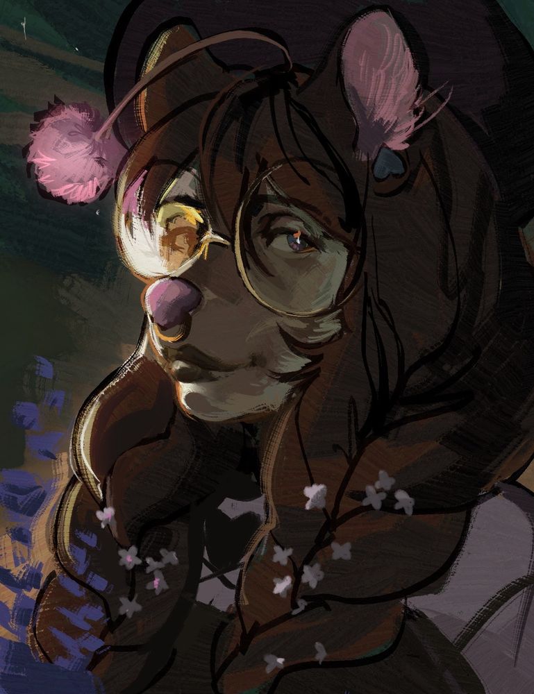 a side profile portrait in the style of disco elysium. an anthropomorphic moogle with blue eyes, surrounded by lavender and has white hawthorns braided into their hair.