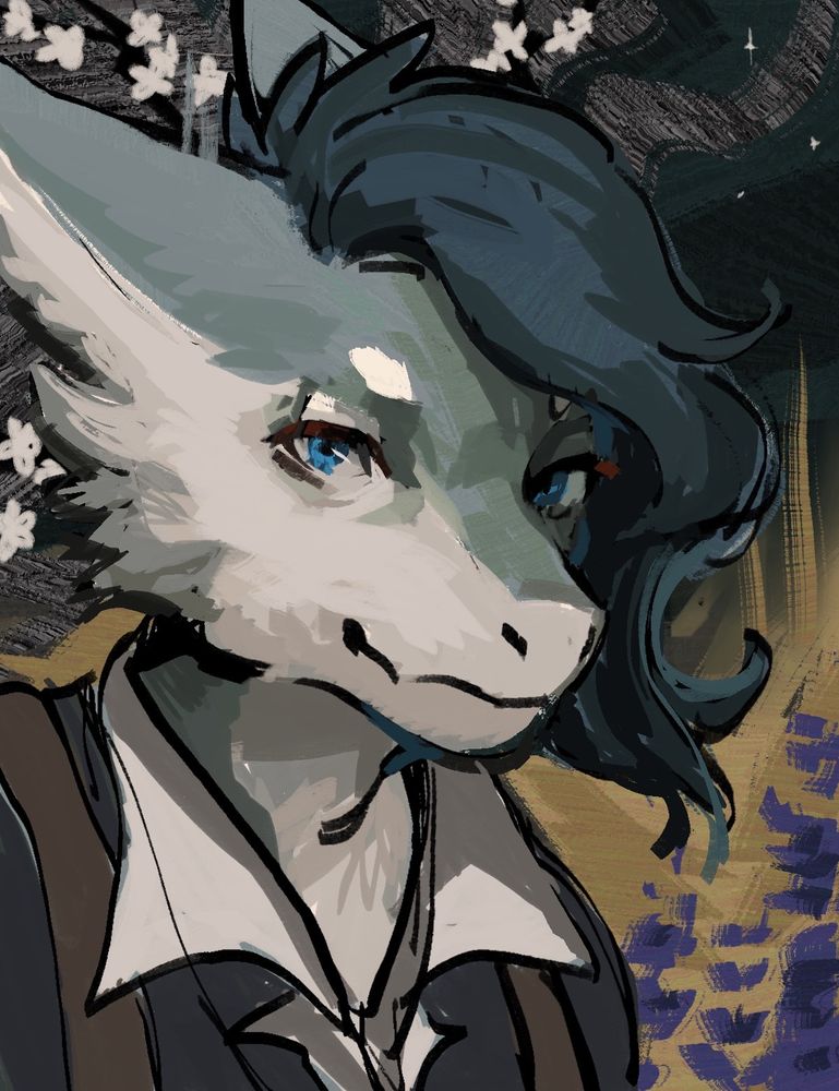 a side profile portrait in the style of disco elysium. a kobold with blue eyes, surrounded by lavender and white hawthorns.