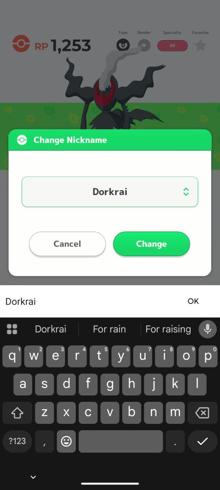 A screenshot of the app pokemon sleep. The pokemon is Darkrai. The keyboard is open to give it a nickname. In the name field is typed "Dorkrai".