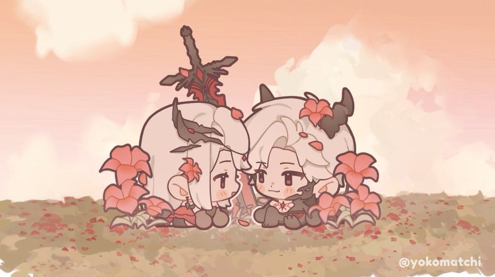 Chibi Sylus and MC in a field of datura flowers, smiling at each other.