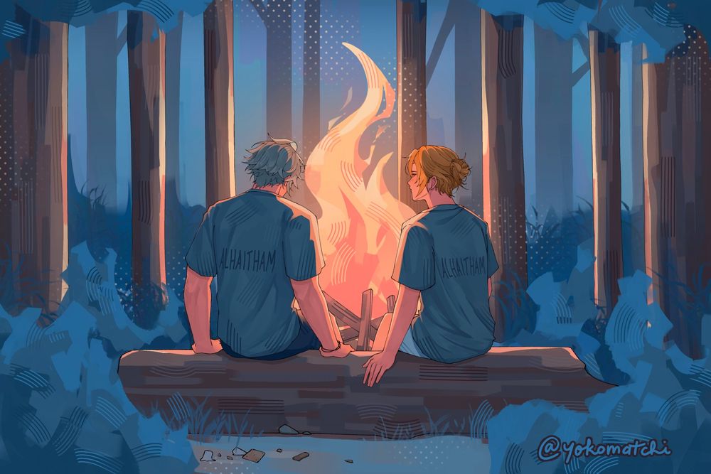 A scene from @bringingglory's fic, Canoe Be Honest with Me, where Alhaitham and Kaveh are rival counsellors at Camp Kusanali's summer camp and sitting together by the campfire.