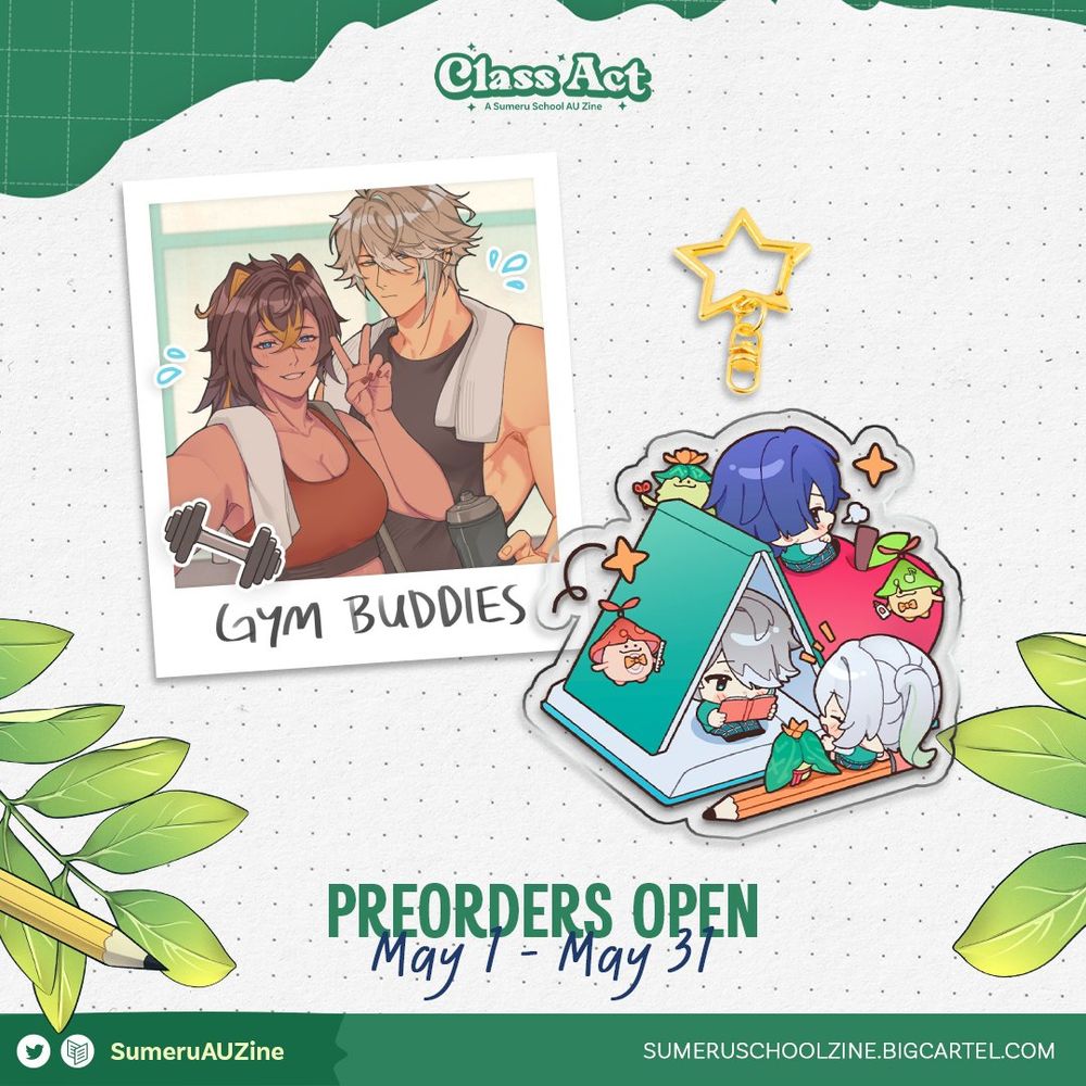 A merch preview featuring a polaroid of Dehya and Alhaitham in gym attire with the caption, "Gym Buddies," and a charm of chibi Alhaitham, Wanderer, Nahida, and some Aranara among a pile of school supplies. Text at the bottom of the graphic says, "Preorders open May 1 - May 31."