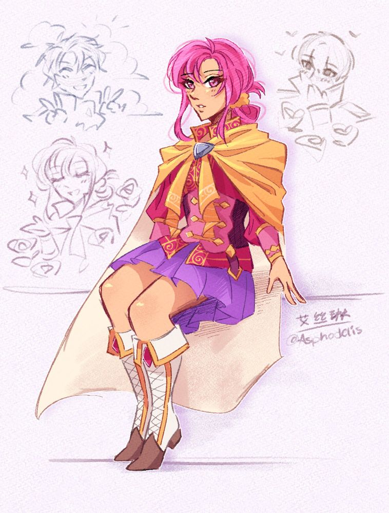 a digital drawing of ethlyn from fire emblem genealogy. in the background are doodles of her, sigurd, and quan.