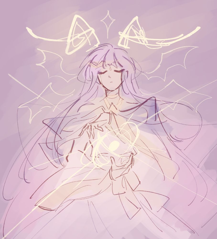 rough sketch of julia fire emblem. she's circling her hands around a speck of light. that same color forms horns and wings around her head