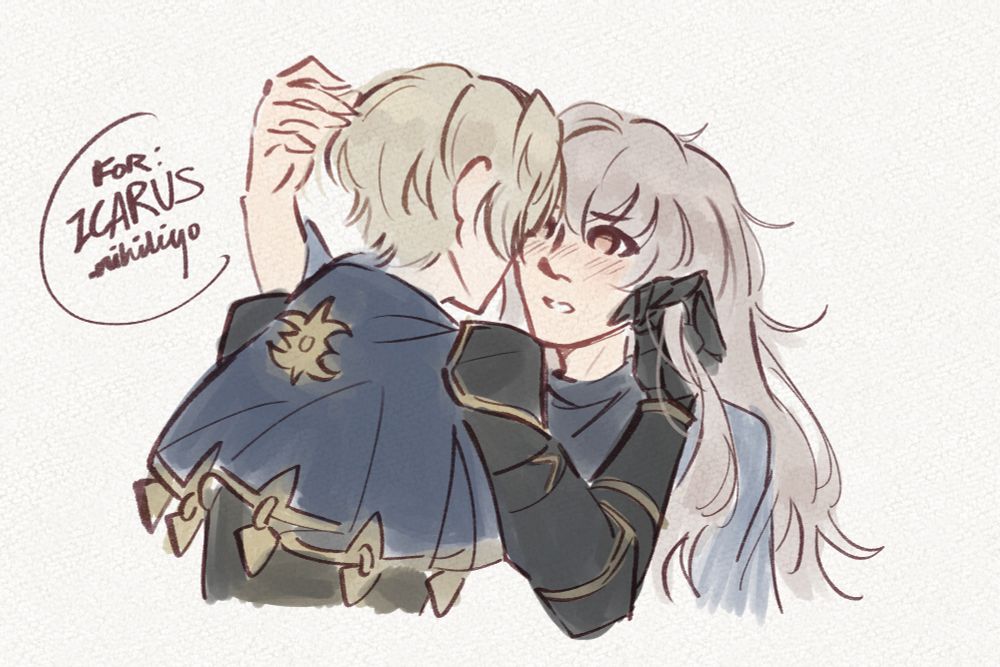 doodle of leo and takumi with their faces close together. takumi's hair is down.