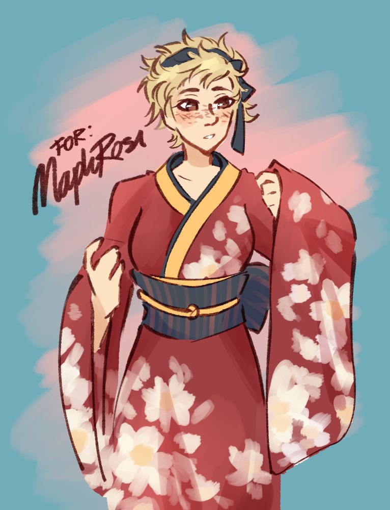 drawing of scarlet in a red, flowery kimono.