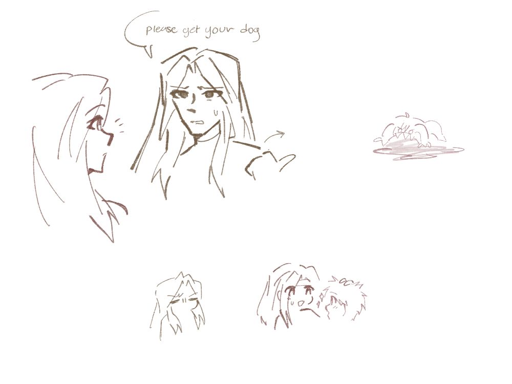 1: arion at altena, brow furrowed, motioning to a poorly doodled leif crawling around on all fours: "please get your dog"
2: altena, bewildered, patting a starry-eyed leif on the head. arion watches with a baffled expression