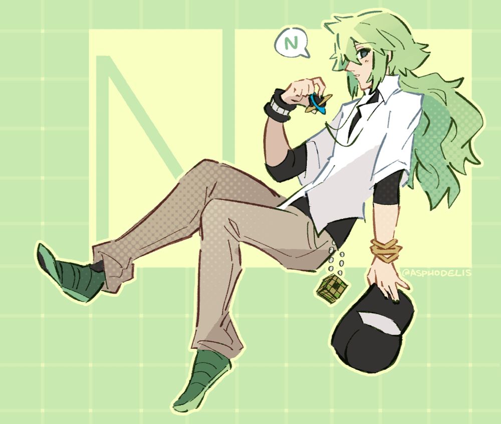 N from pokemon sitting, one hand holding his hat and the other grabbing his pendant