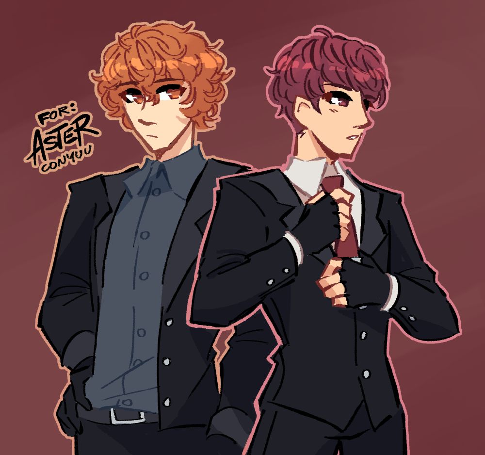 drawing of conrad and lukas in suits.