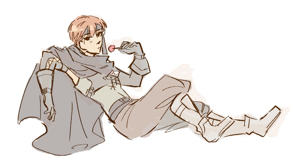 a messy doodle of gaius from fire emblem awakening lounging around and eating a sweet.