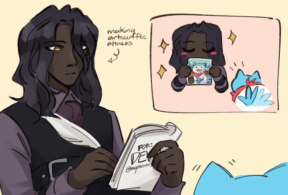 zelkov drawing while sommie lurks barely in frame. zelkov is labelled "making artscuffle attacks." in the inner panel, zelkov shows a finished drawing of sommie (based on the mona lisa) to the (very happy) model.